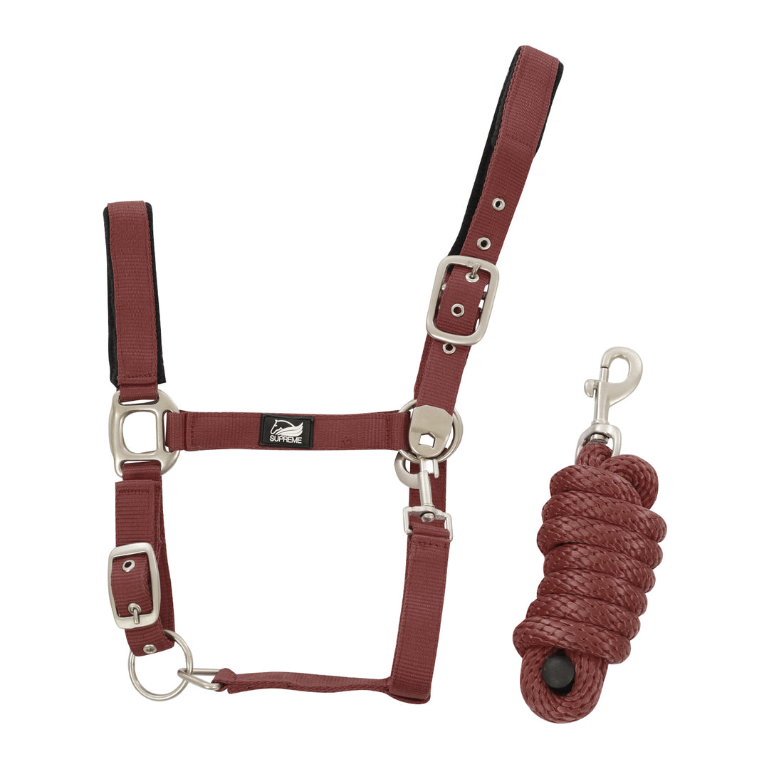 Supreme Double Nylon Headcollar with Lead Rope - Burgundy, front view