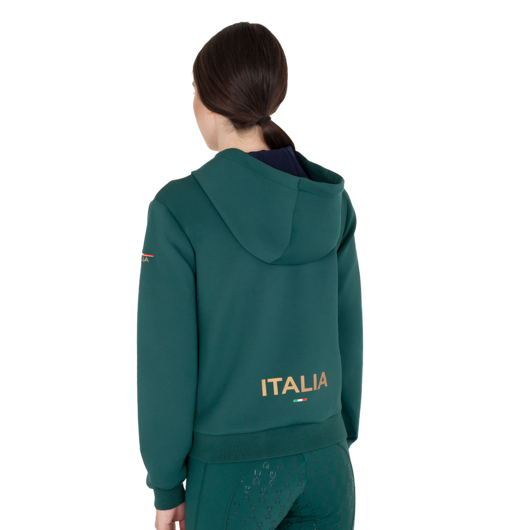 Equestro X FISE 100 Women's Zip Hoodie - Deep Sage Green/Blue Forest, front view
